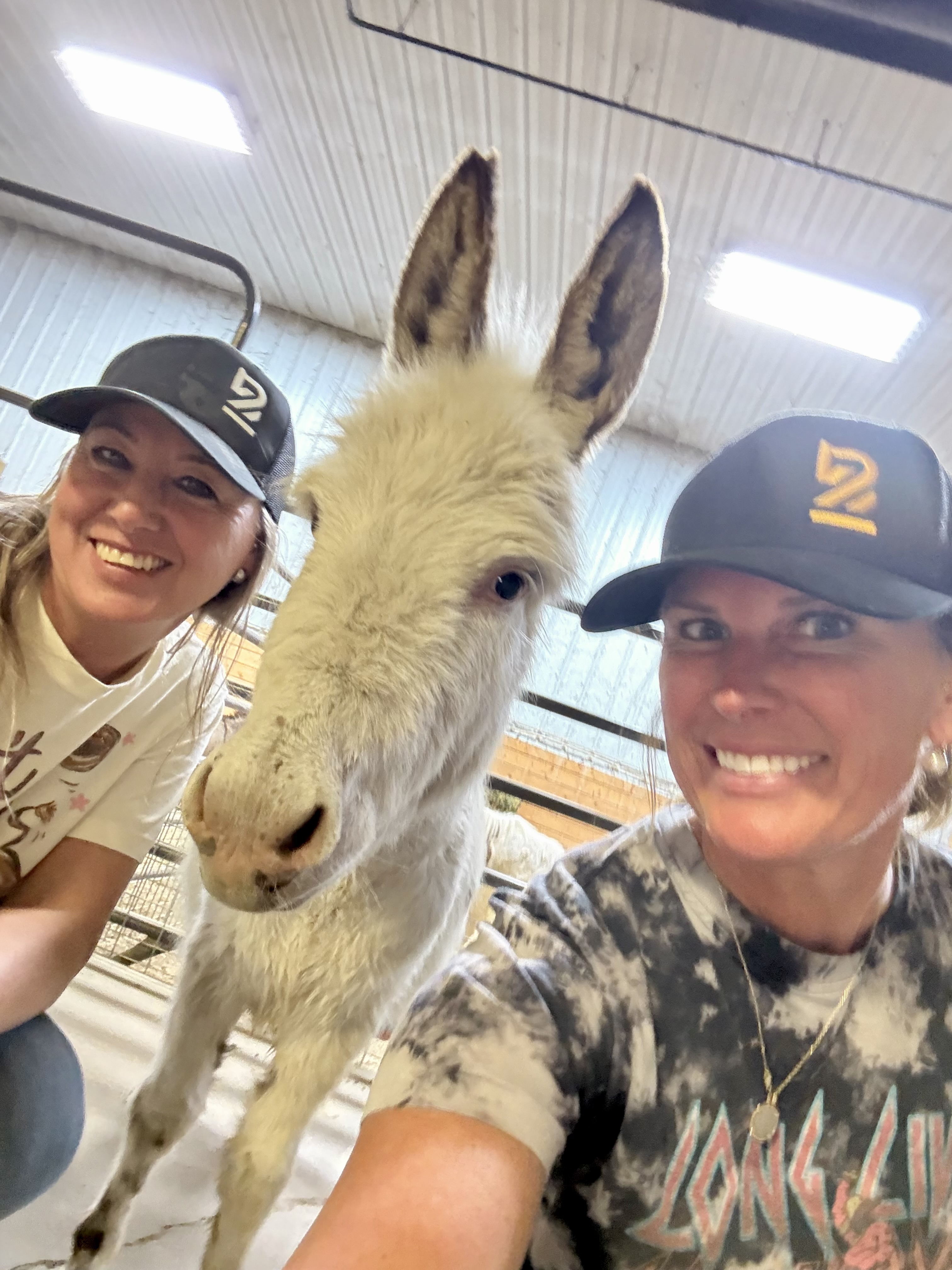 Sam and Addie with Petunia the white donkey